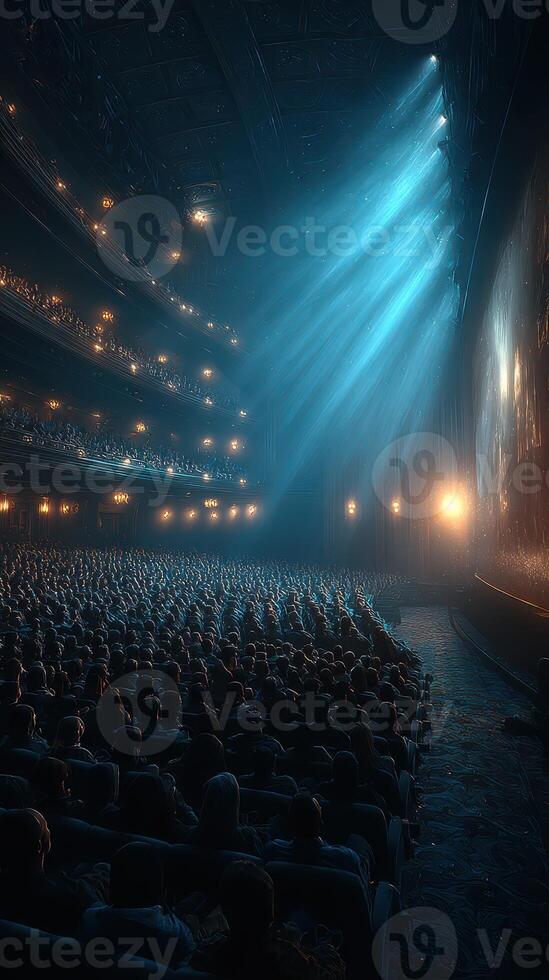 Audience captivated by performance in a historic theater filled with dramatic lighting and elegant decor photo