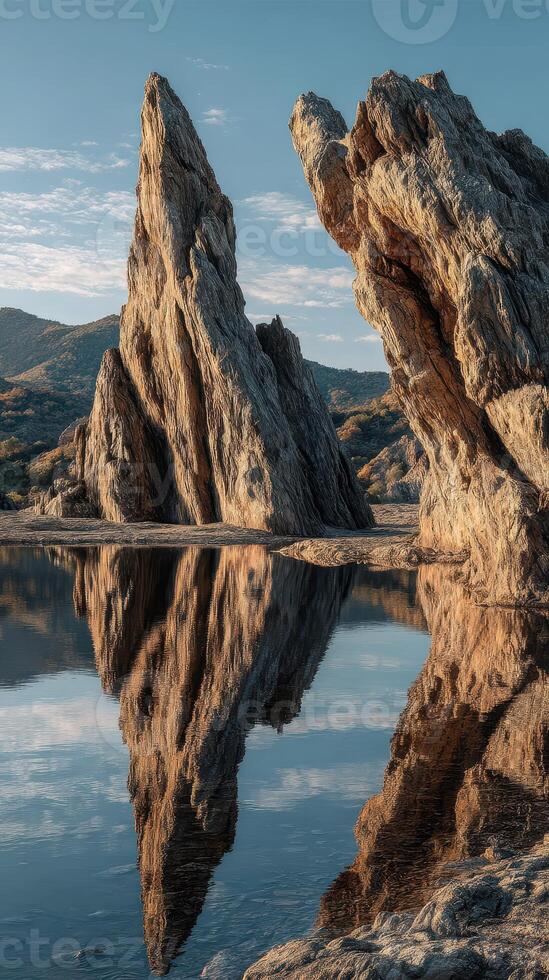 Beautiful rock formations reflecting in calm water during golden hour at scenic location photo