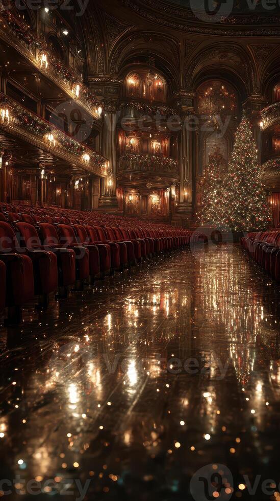 Elegant theater hall adorned for the holidays with a grand Christmas tree and festive decorations illuminating the space photo