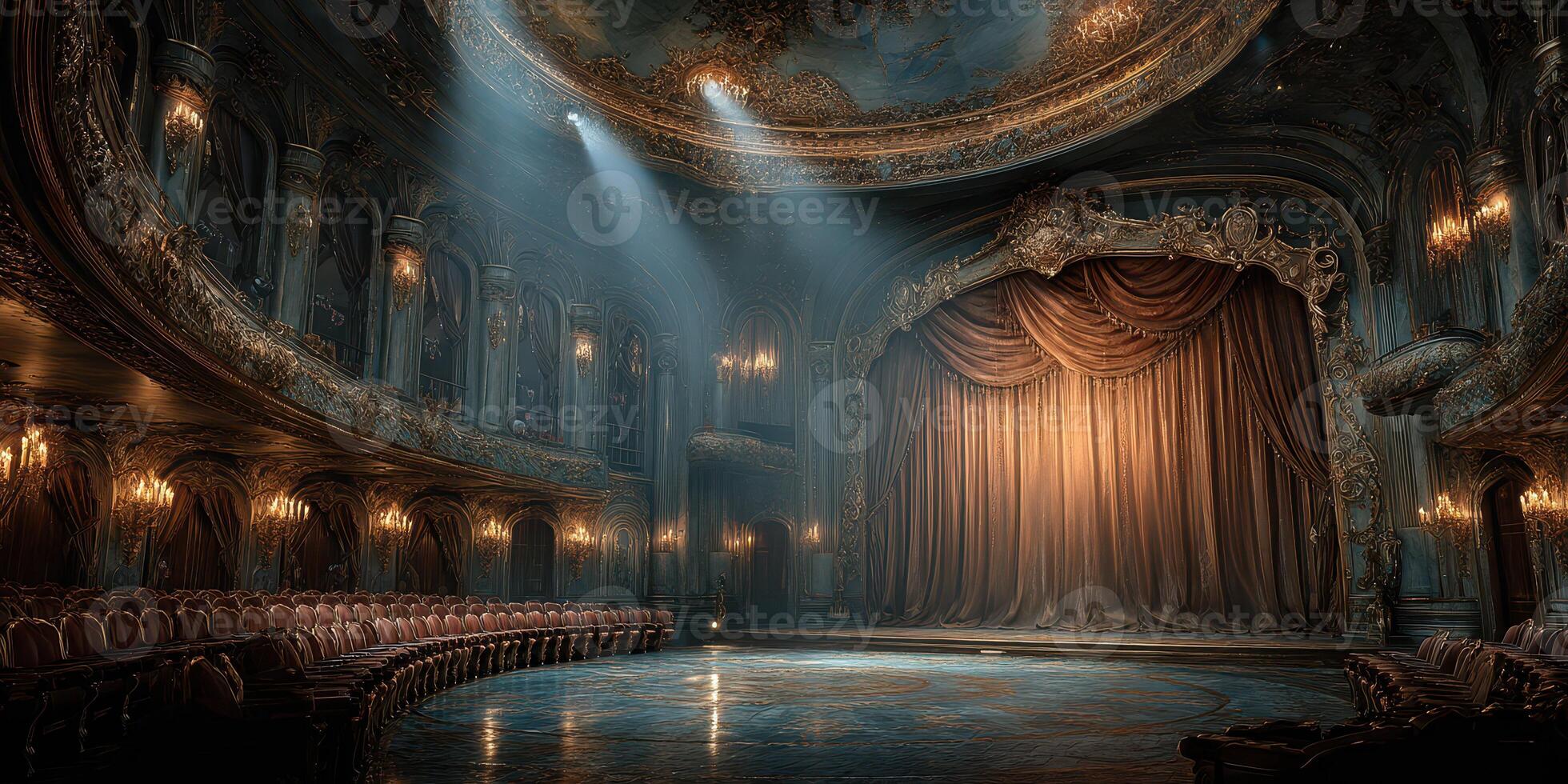 Elegant theater interior with rich details and soft lighting at dusk, showcasing a grand curtain before a performance photo