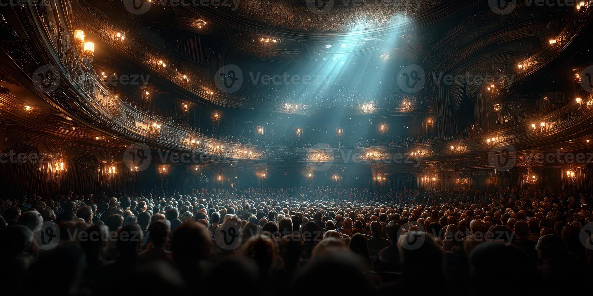 Crowd gathered in ornate theater for a performance under dramatic lighting during a lively evening event photo