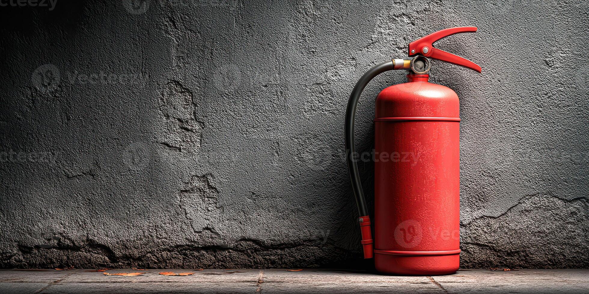 Bright red fire extinguisher placed against a textured gray wall in an industrial setting for safety precautions photo