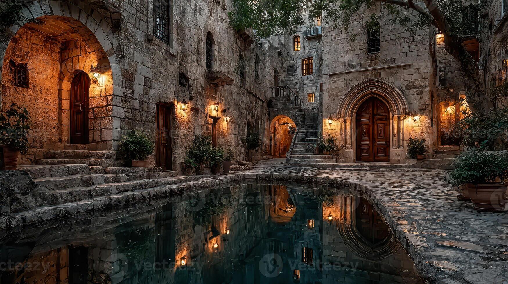 Charming evening atmosphere in a historic stone village with illuminated buildings and a tranquil reflection in water photo
