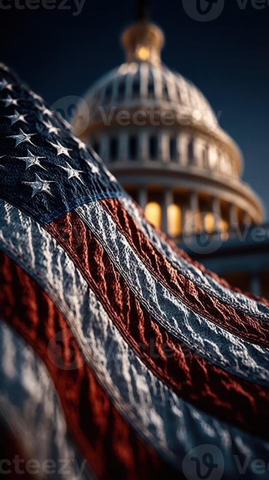 American flag waving in front of the Capitol building at sunset with a warm glow illuminating the dome and columns photo