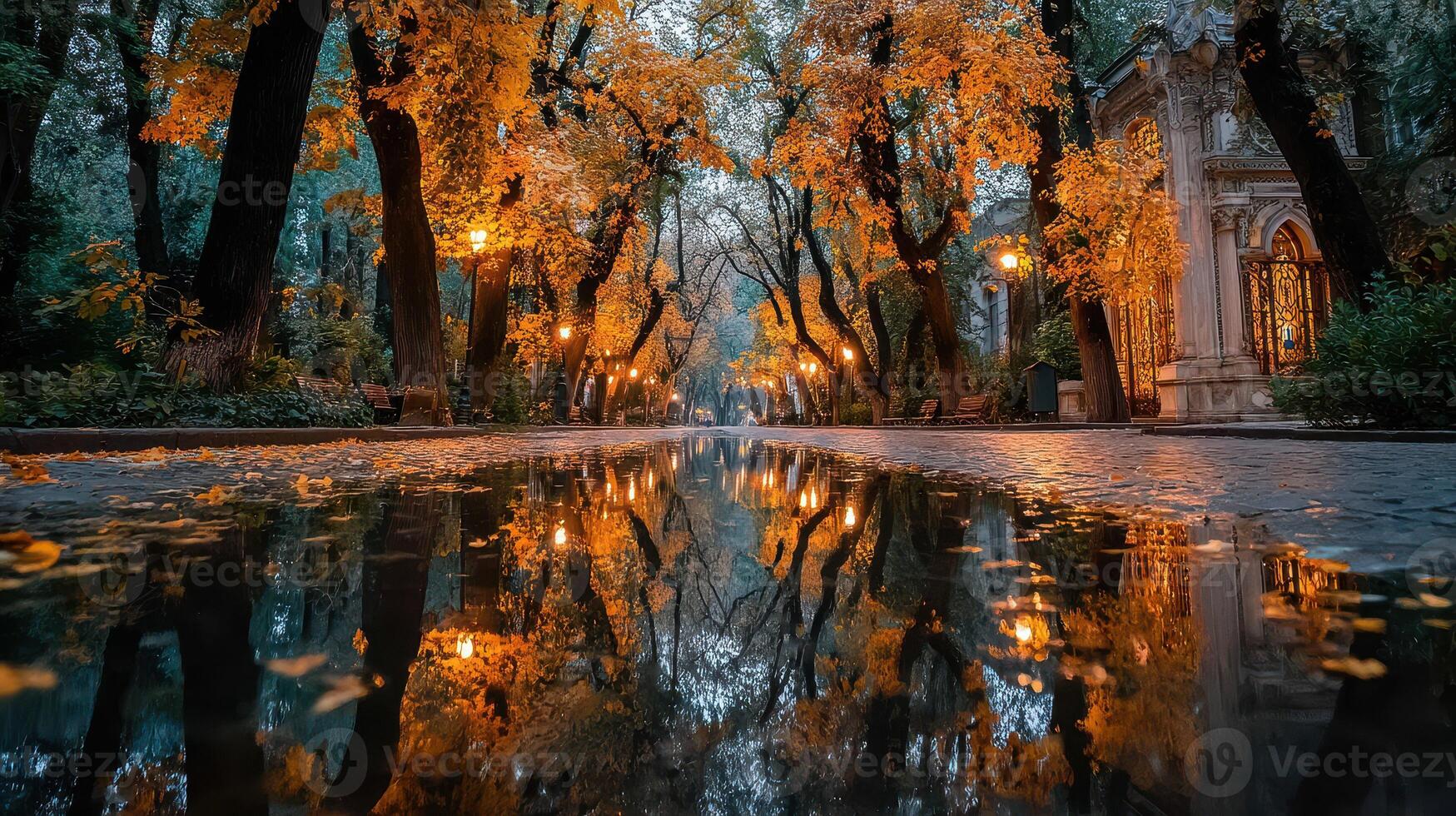 Beautiful autumn evening walk in a tree-lined park reflecting golden lights on a tranquil puddle photo