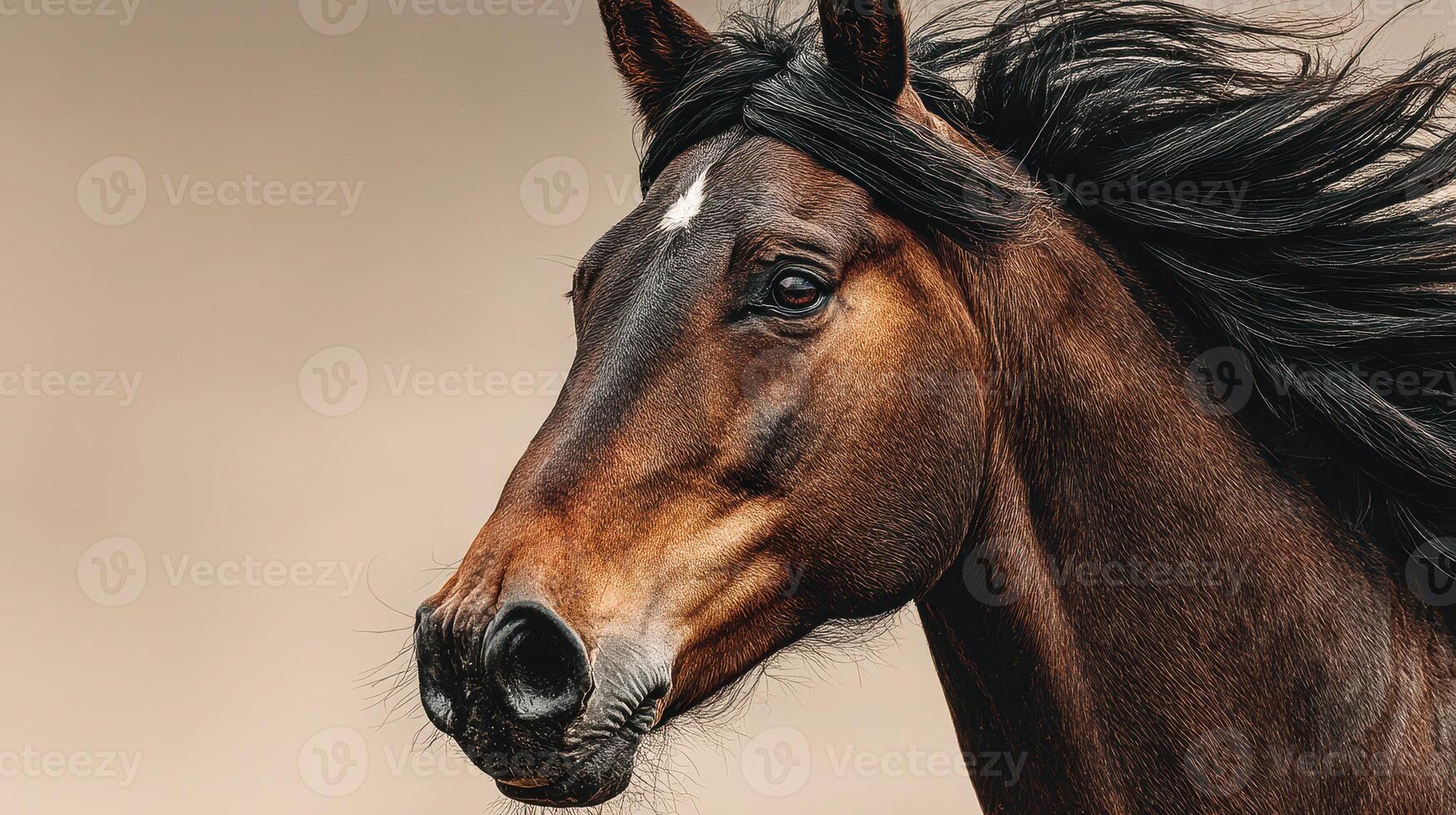 Majestic brown horse with flowing mane against a neutral background during a calm afternoon photo