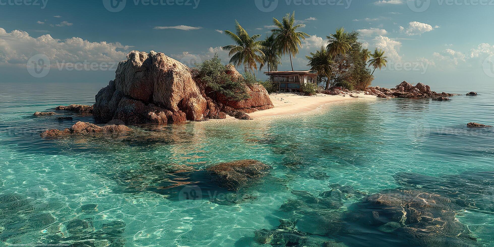 Tropical island with lush palm trees and clear turquoise waters during midday sun photo