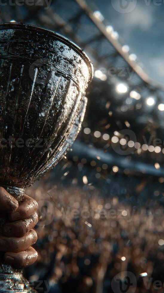 Celebration after a thrilling championship victory in a packed stadium with fans cheering photo