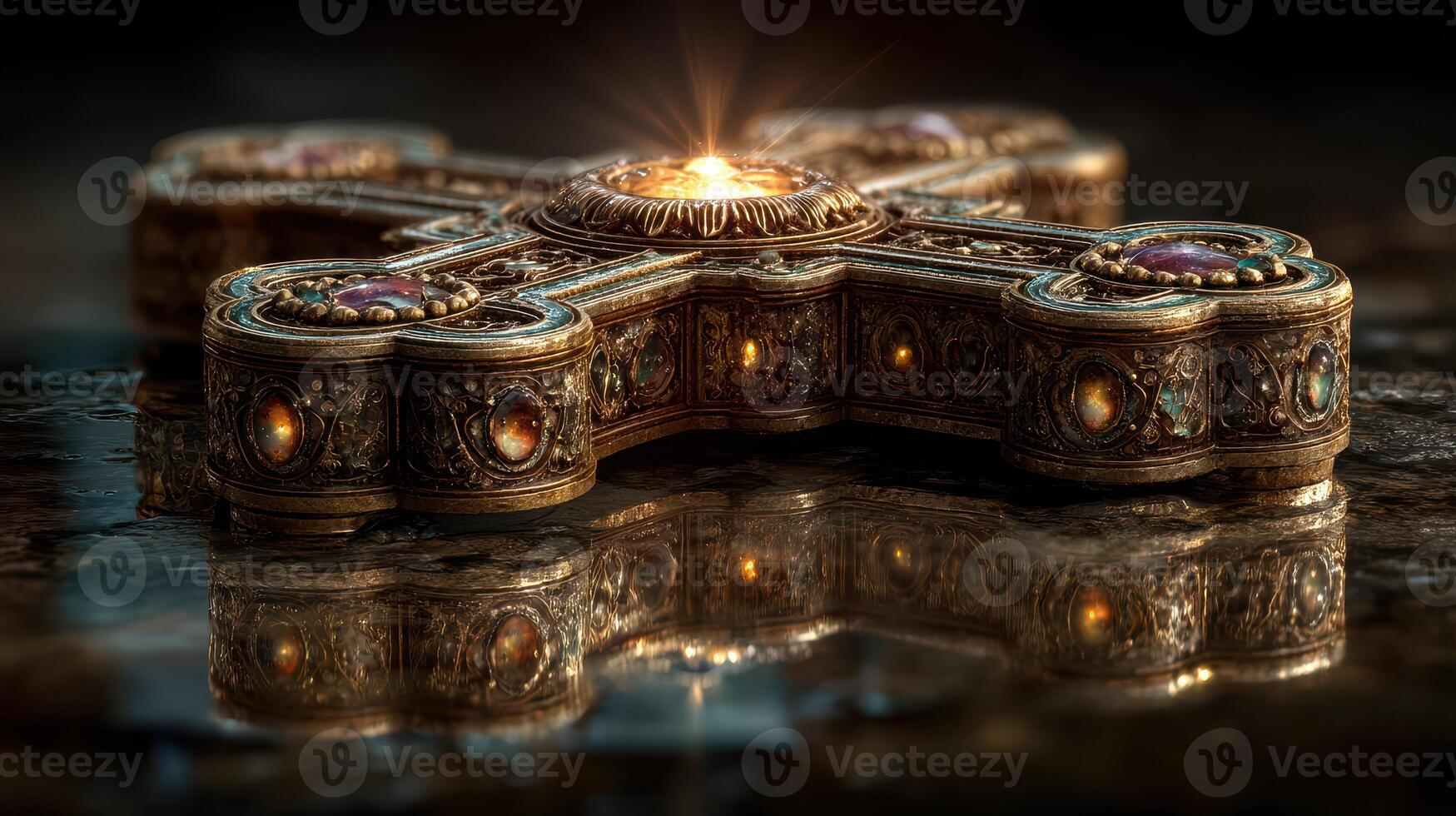Intricate golden cross resting on a reflective surface, illuminated by a soft glow in a dimly lit environment photo