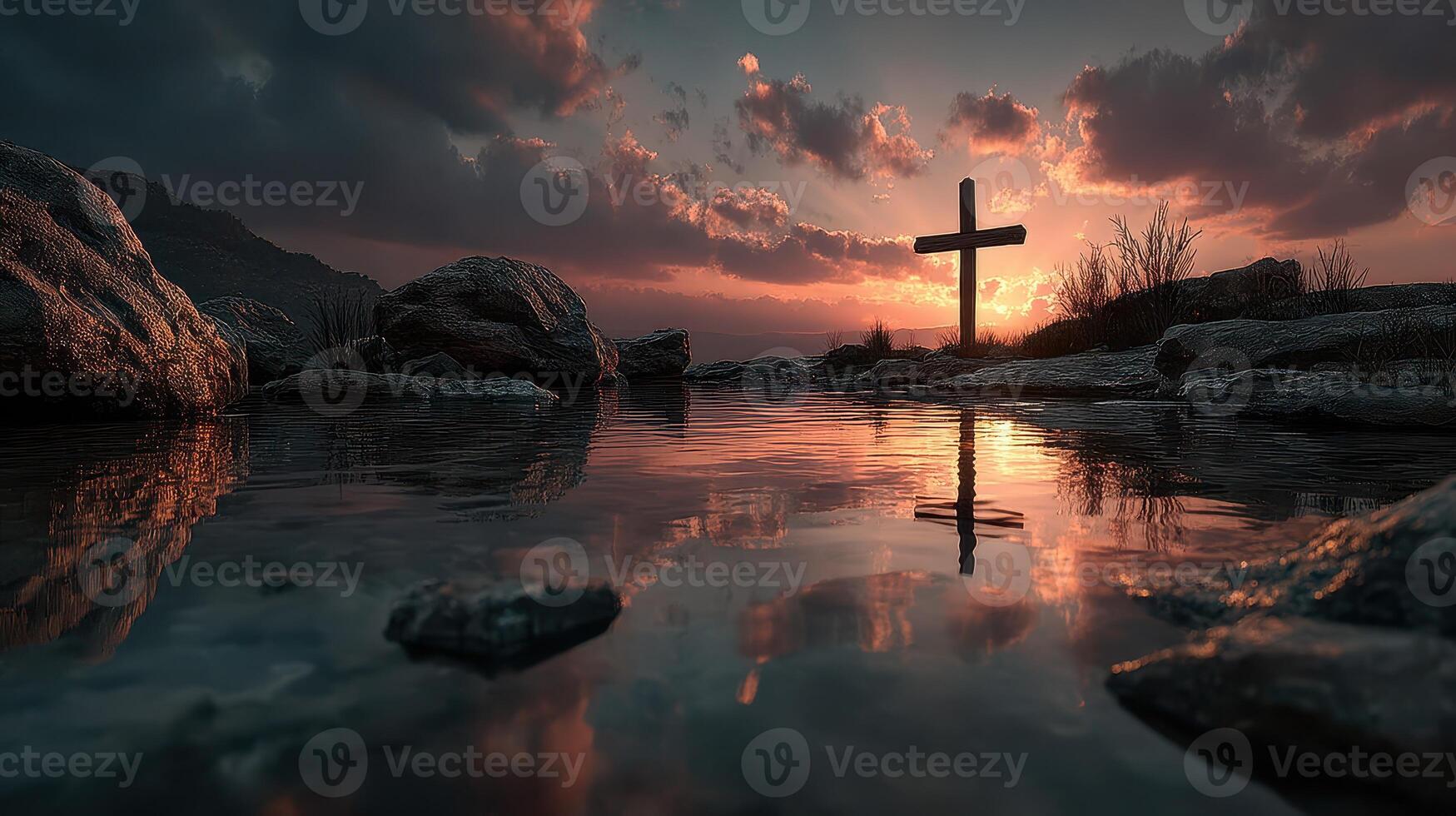 Sunset casts reflection of cross near serene waters surrounded by rocky landscape in peaceful evening photo