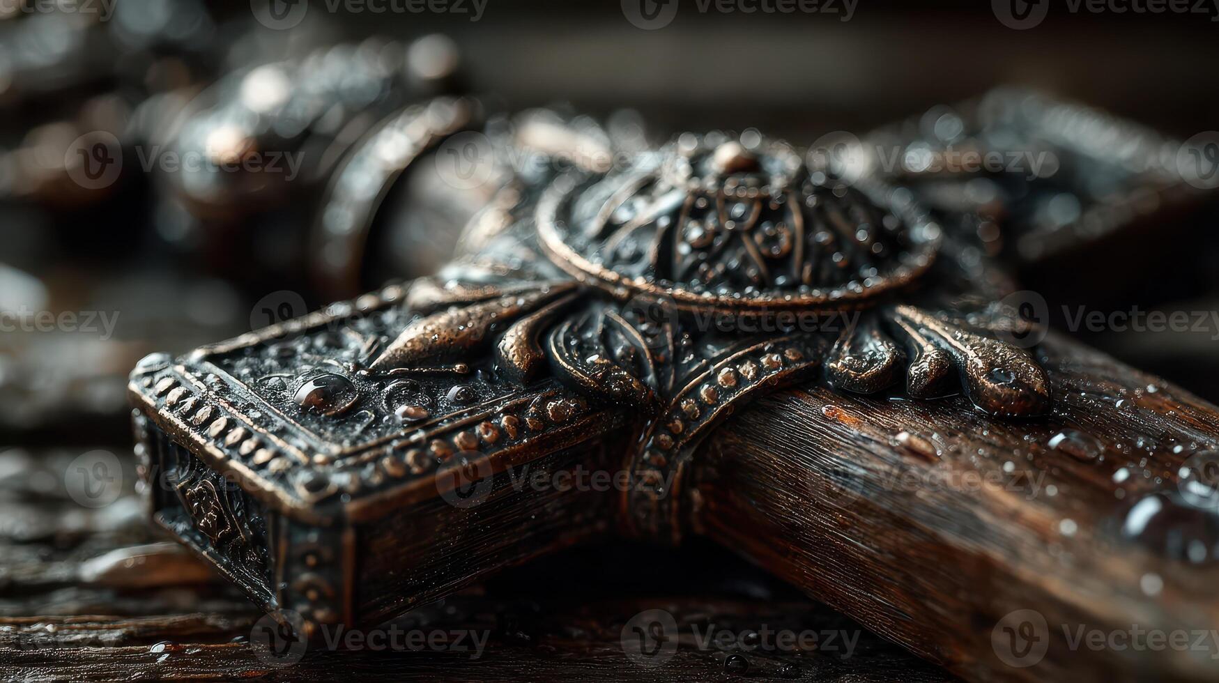 Intricate wooden cross with detailed carvings resting on a wet surface showcasing artistry and craftsmanship photo