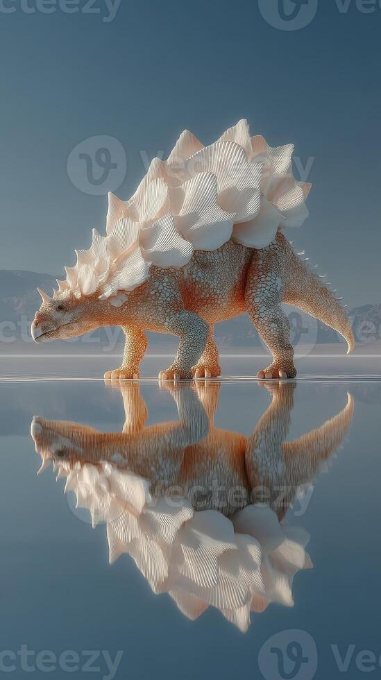 Dinosaur-like creature with shell-like spikes walking on a reflective surface in a serene landscape during daylight photo