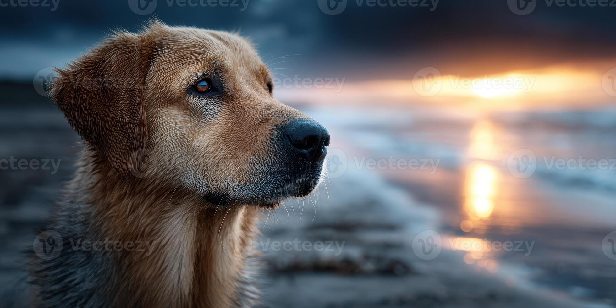 Dog gazes thoughtfully at the ocean during sunset at a serene beach setting photo