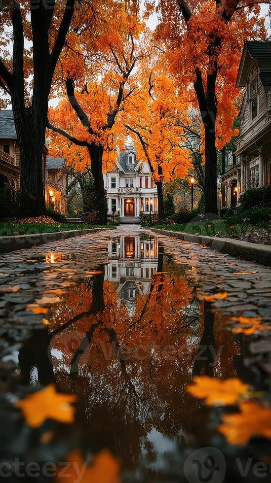 Autumn reflection of a historic house surrounded by vibrant orange trees after rain in a serene neighborhood setting photo