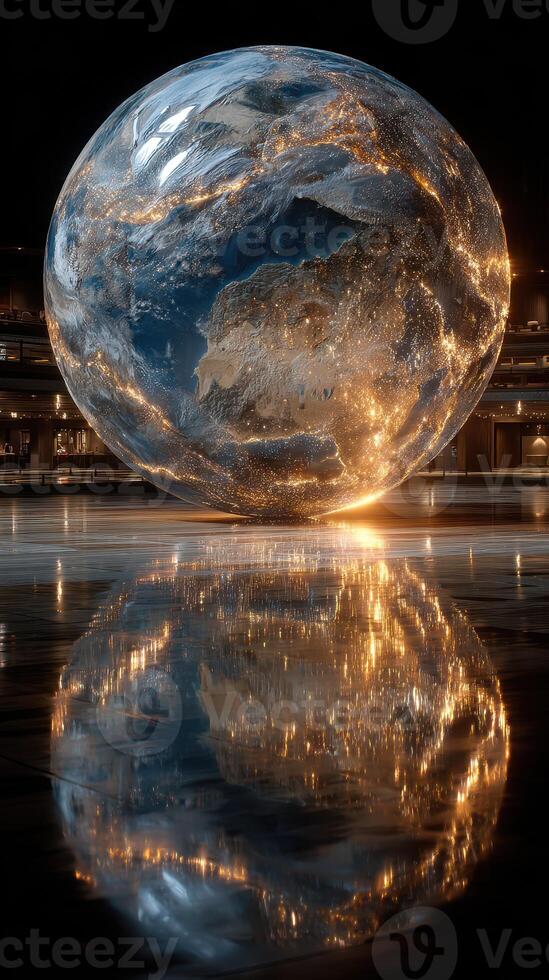 Illuminated globe with reflective surface showcasing a detailed earth sculpture at night in an urban environment photo