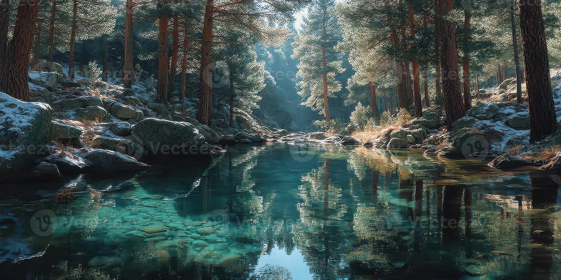 Serene winter landscape with a clear river reflects towering pine trees in a tranquil forest setting photo