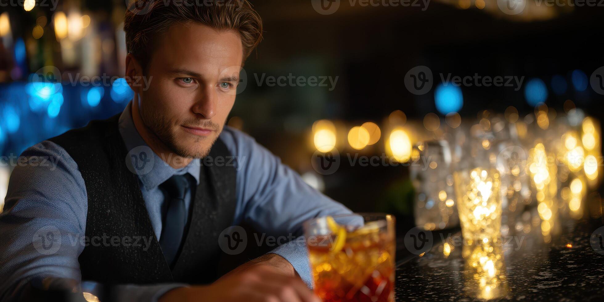 Man enjoying an evening drink at a stylish bar with soft lighting and a cozy atmosphere photo