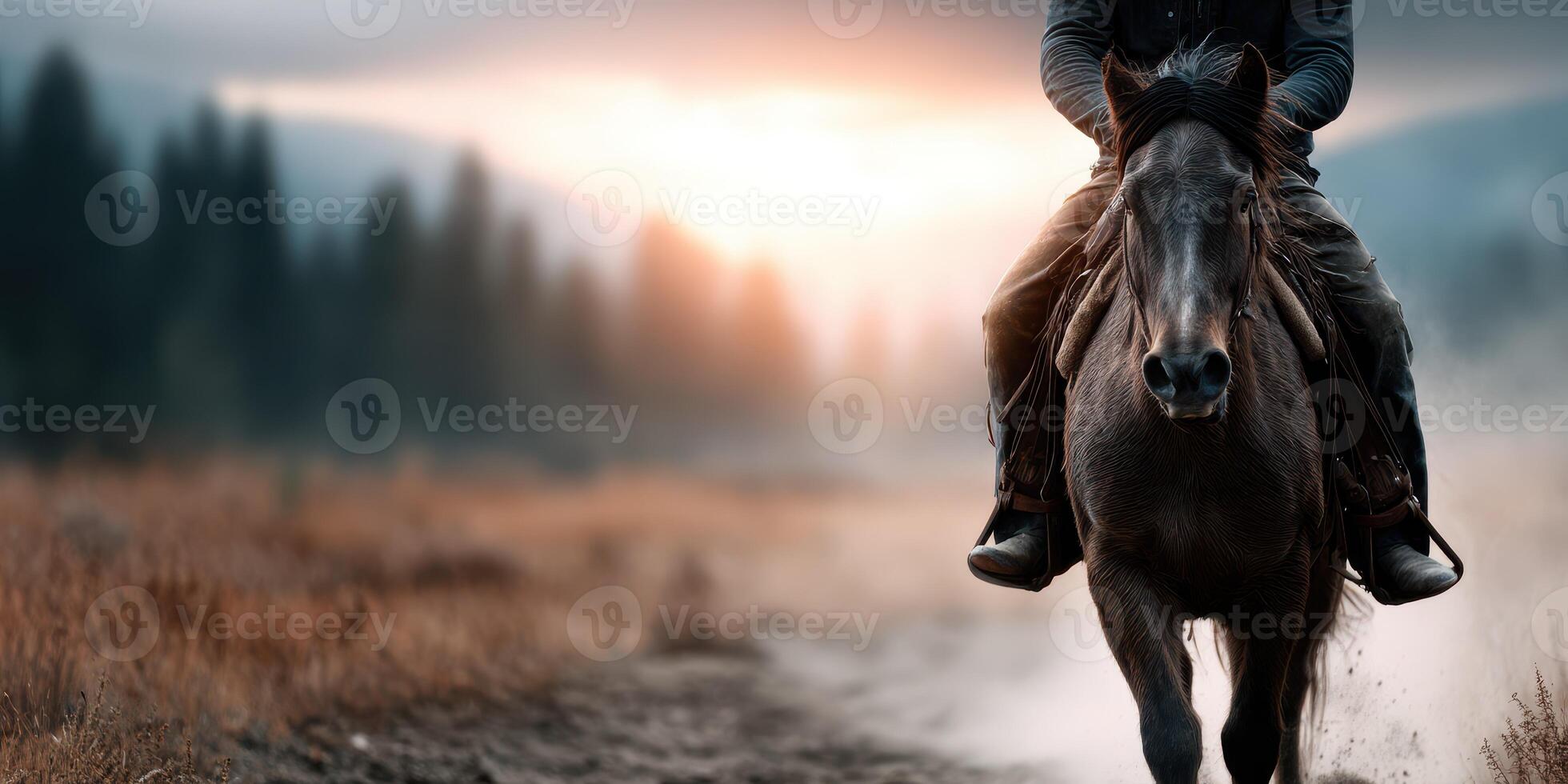 Horseback rider traverses a misty path at dawn near a serene forest landscape photo