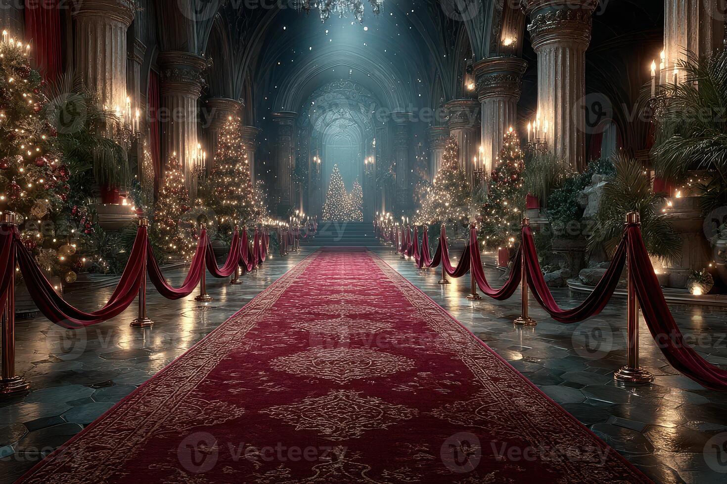 Grand illuminated hall with lavish Christmas decorations, trees, and red carpet creating a festive atmosphere during winter celebration photo