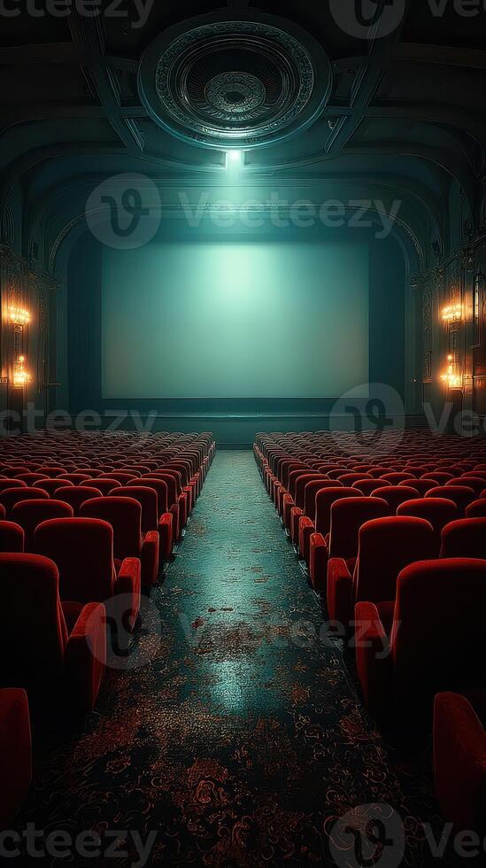 Vintage cinema interior with empty red seats and a large screen illuminated by soft light photo