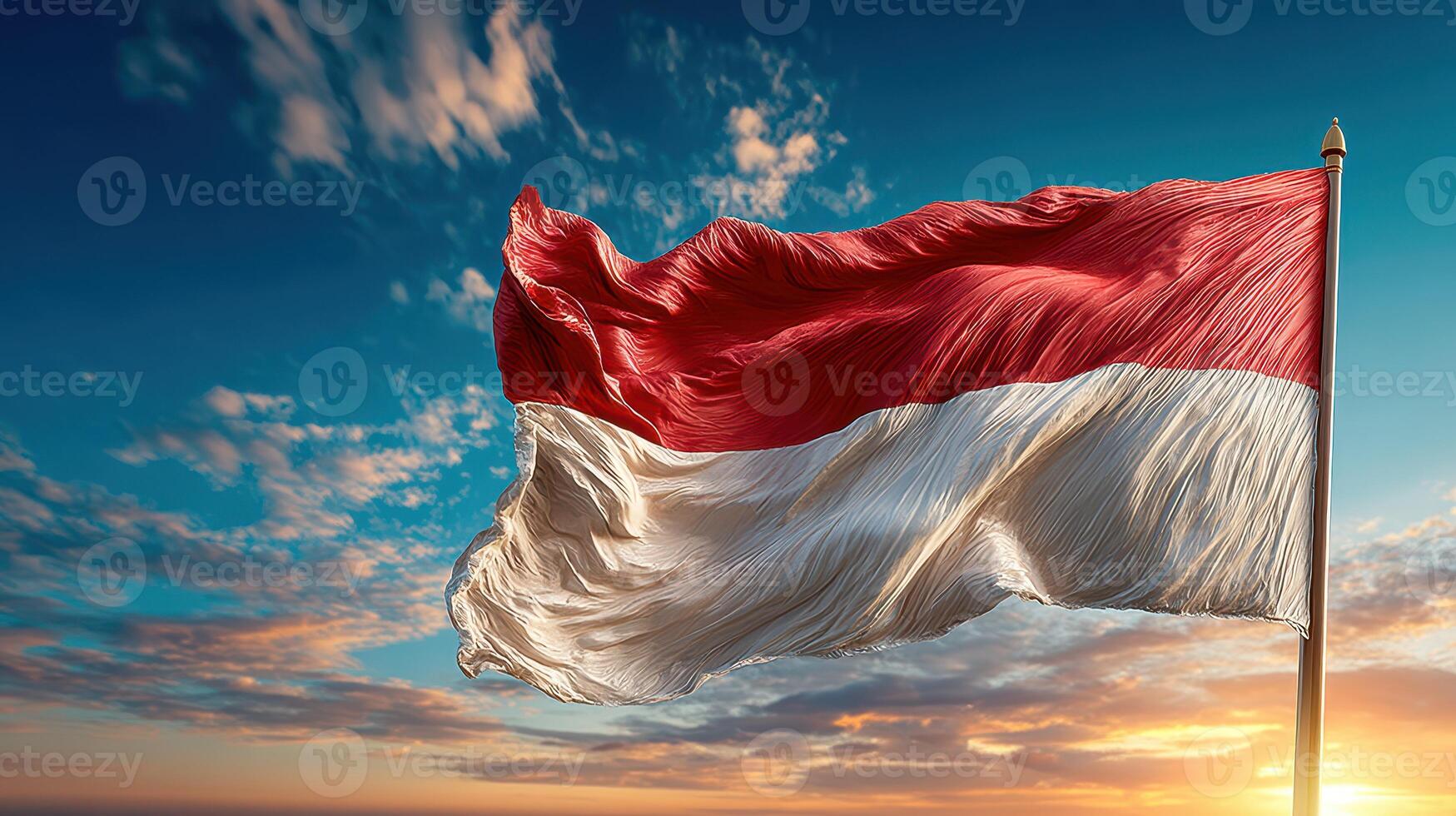 Majestic Indonesian flag waving against a vibrant sunset sky with dynamic clouds photo