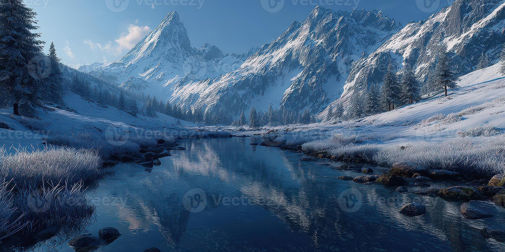 Snowy mountain landscape with a reflective river under a clear blue sky in winter photo