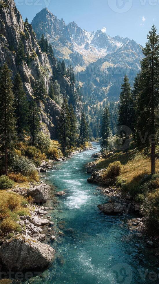 Majestic mountain landscape with a serene river flowing through lush greenery during daylight hours photo