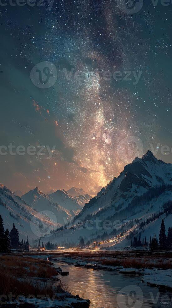 Night sky over mountains with a river reflecting stars and a galaxy in the background photo
