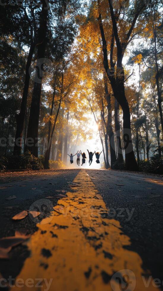 Friends enjoying a joyful run down a tree-lined path on a sunny autumn day photo