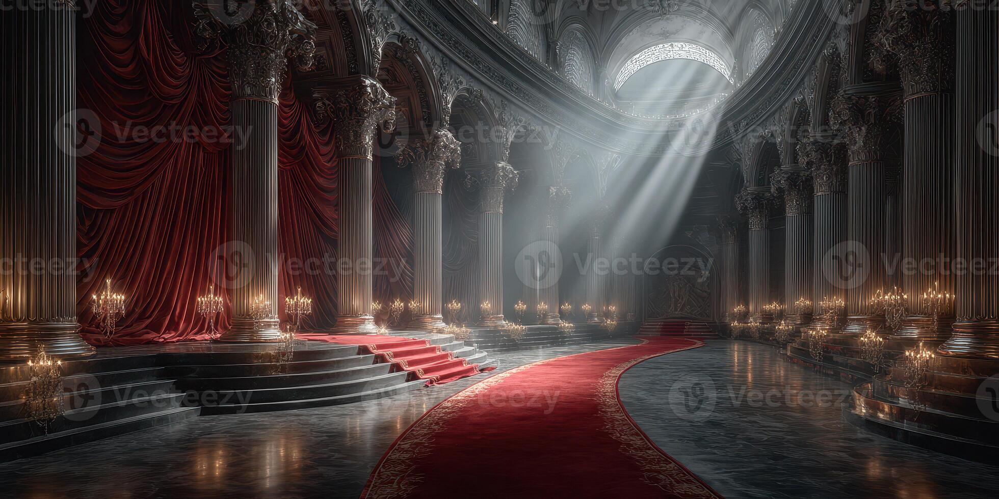 Majestic hall illuminated by sunlight with red carpet and grandiose pillars in an opulent setting photo