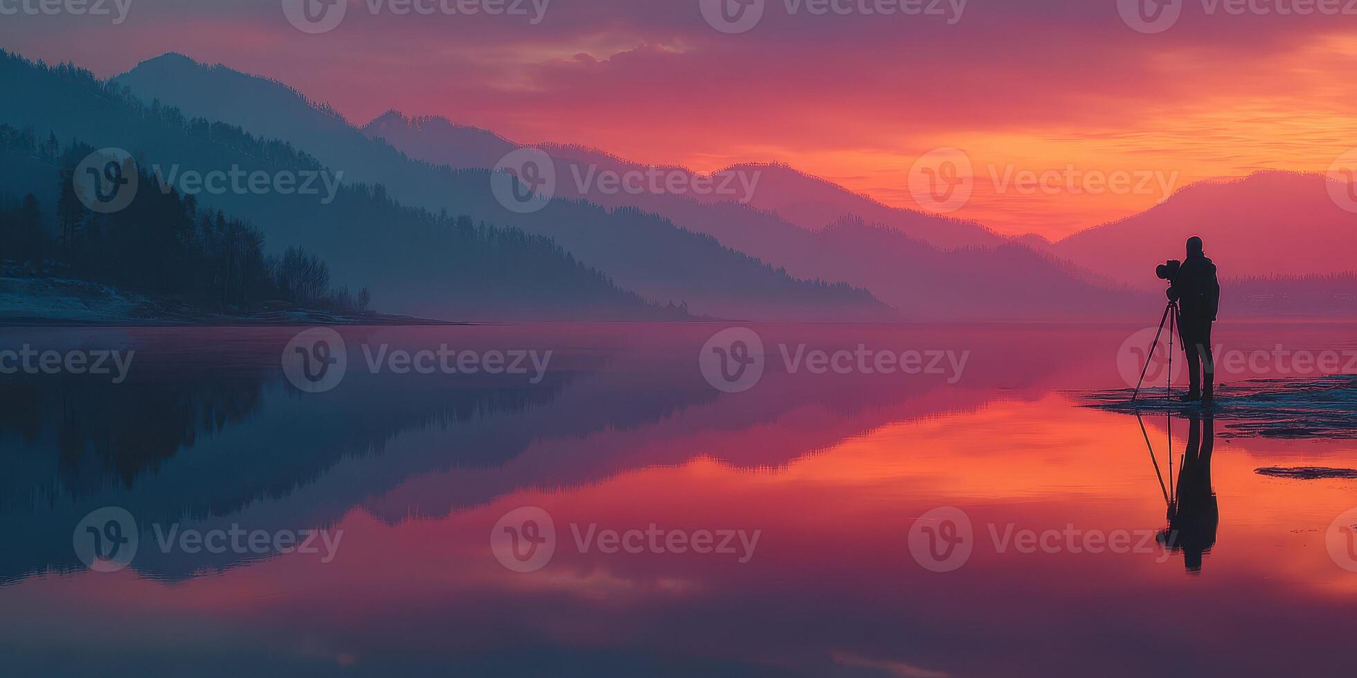 Photographer capturing vibrant sunset reflections over calm waters in a serene mountainous landscape photo