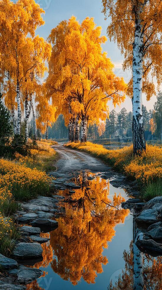 Beautiful autumn landscape with vibrant orange trees and reflective water along a winding path photo