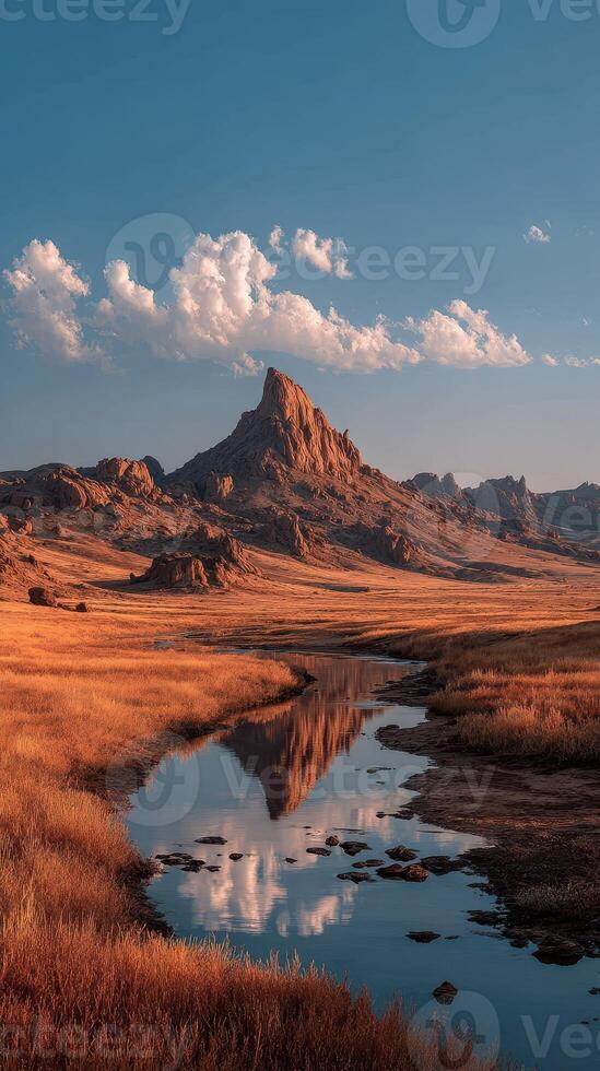 Majestic mountain landscape during golden hour with reflections in the serene water photo