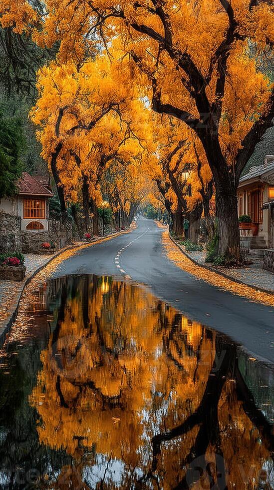 Stunning autumn landscape with vibrant yellow trees reflecting in a tranquil puddle on a peaceful road photo