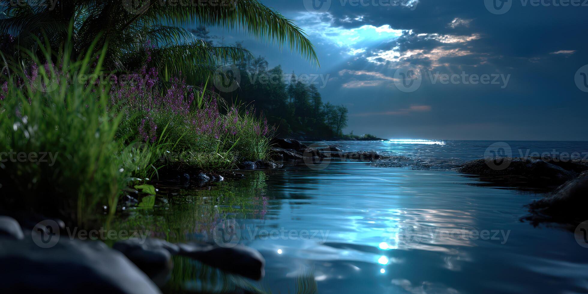 Calm waters and moonlit sky create a serene atmosphere along the coast at night photo