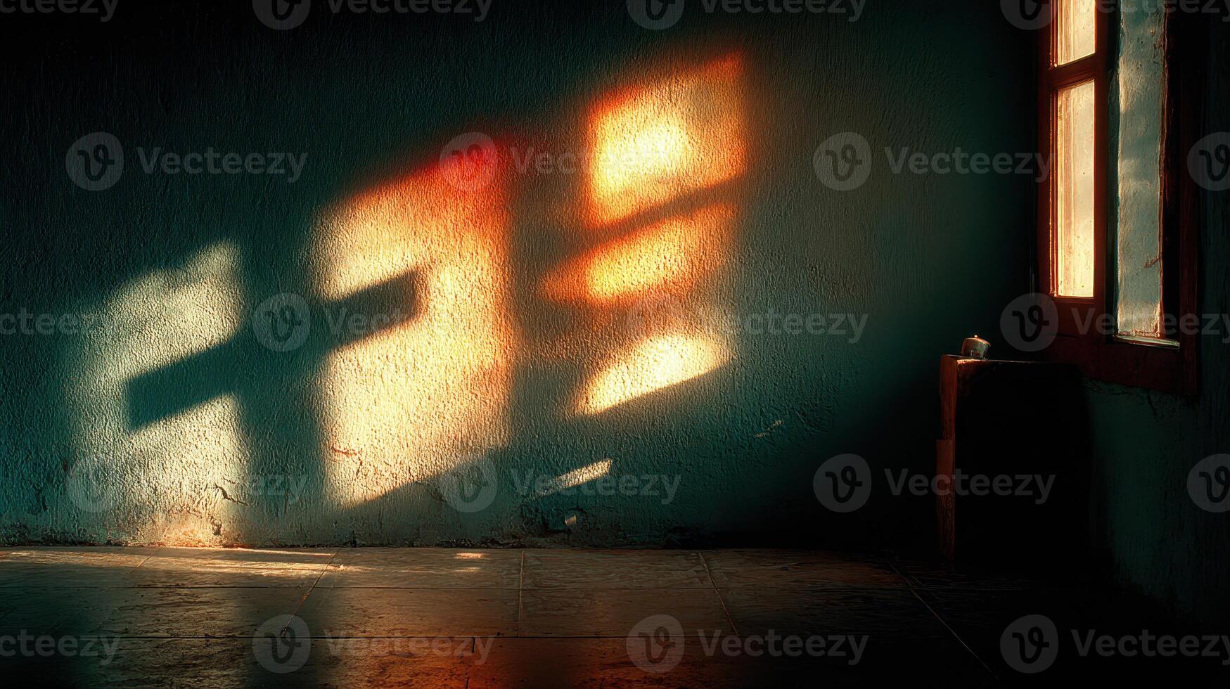 Sunlight casts colorful shadows on a rustic wall in an empty room during late afternoon photo
