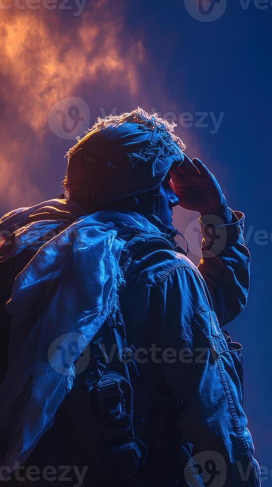 Soldier salutes at dusk as dramatic clouds create a powerful backdrop during military operation photo