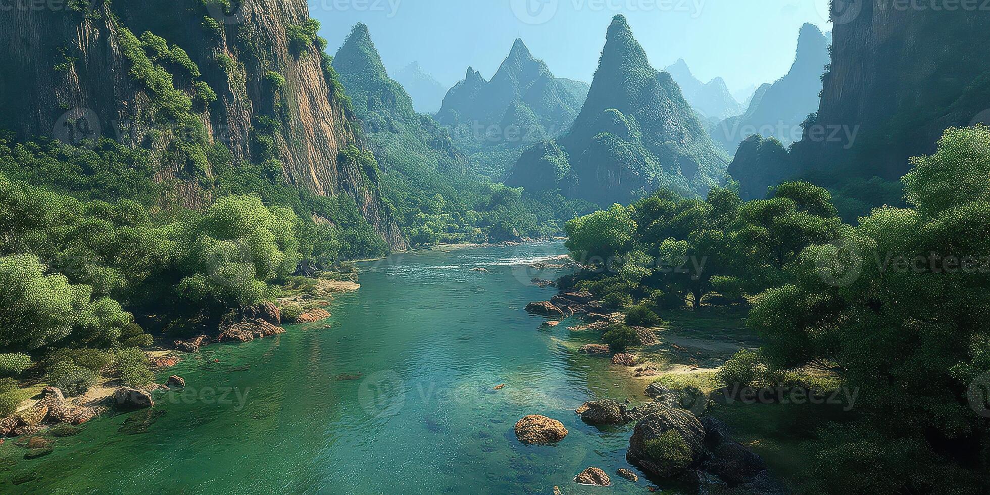 Lush green mountains surround a serene river in the heart of a tranquil valley at midday photo