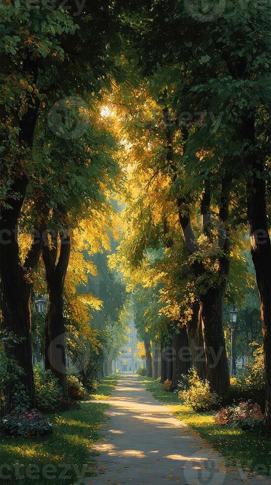 Serene tree-lined pathway illuminated by soft sunlight during autumn in a peaceful park setting photo