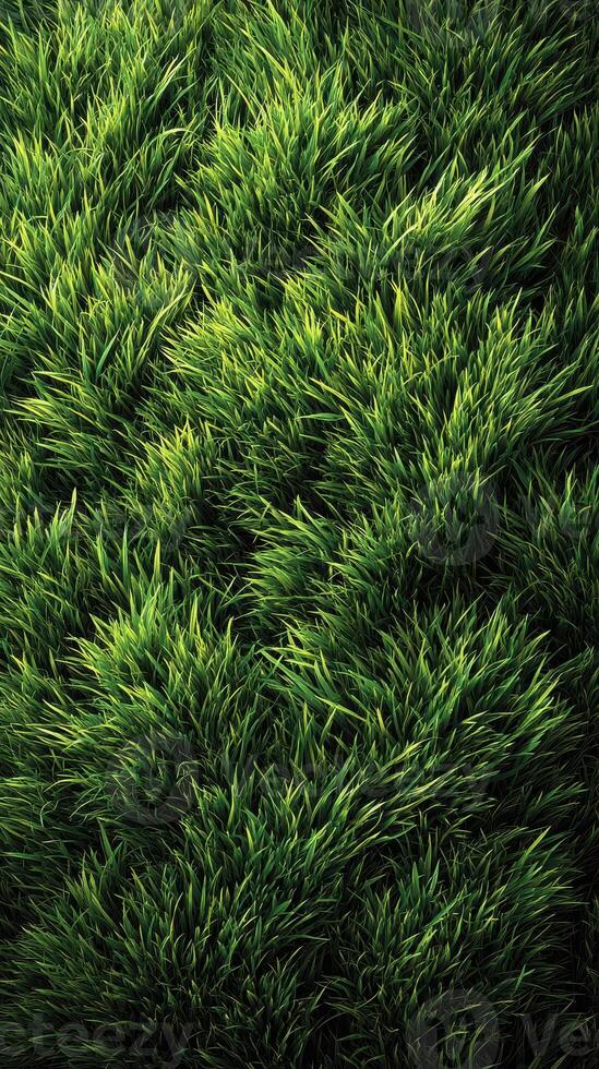 Lush green grass swaying gently in the breeze on a sunny day in a serene park setting photo