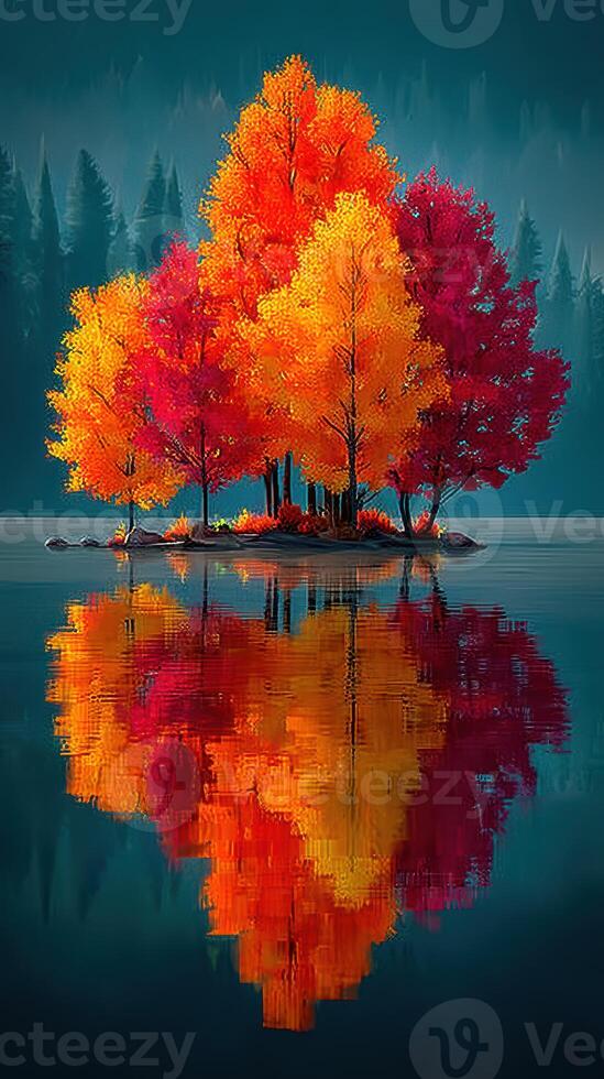 Vibrant autumn trees reflect on tranquil lake in a serene natural setting during a sunny day photo