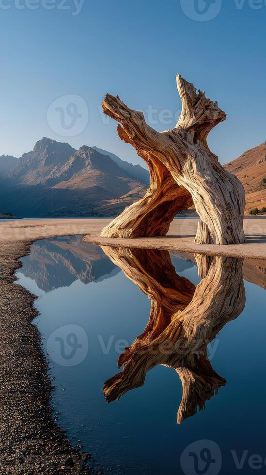 Stunning reflection of a twisted tree trunk in a serene landscape at sunrise in the mountains photo