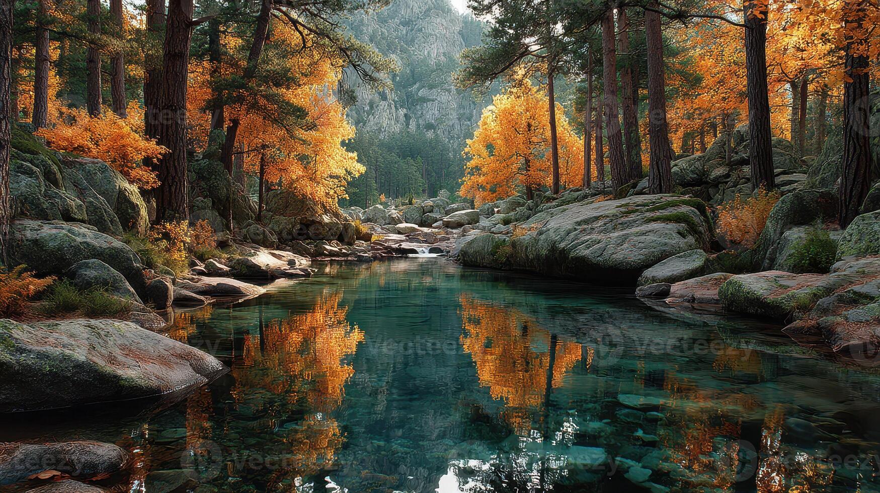 Autumn forest landscape with serene river reflecting colorful foliage in a tranquil setting photo