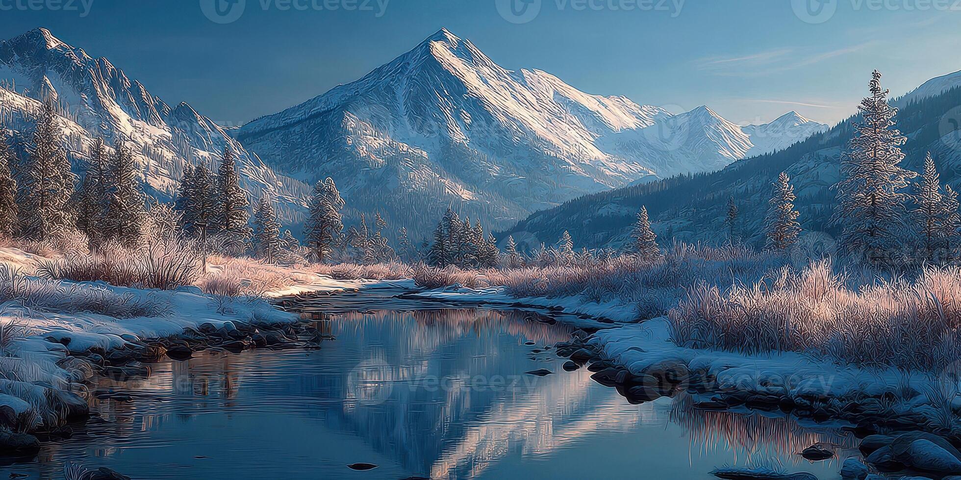 Snow-covered mountains reflect in a tranquil river during the early morning light in a serene winter landscape photo