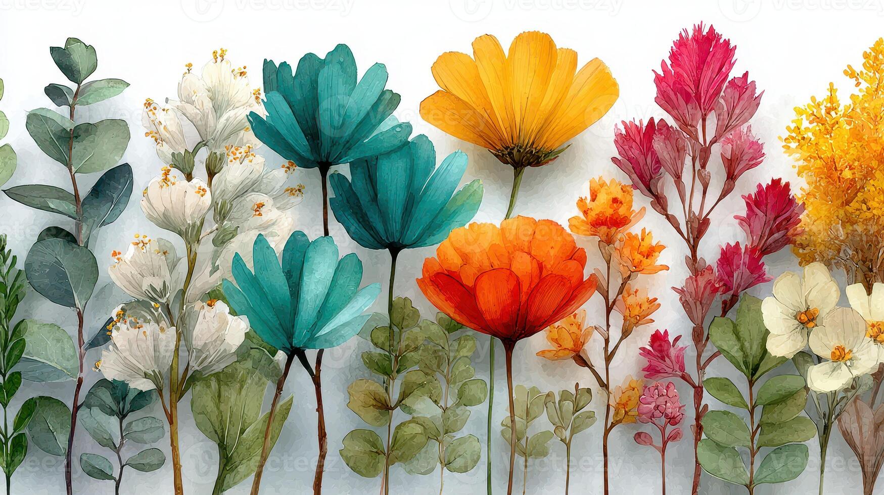 Vibrant watercolor flowers showcasing diverse colors and shapes in a botanical arrangement photo