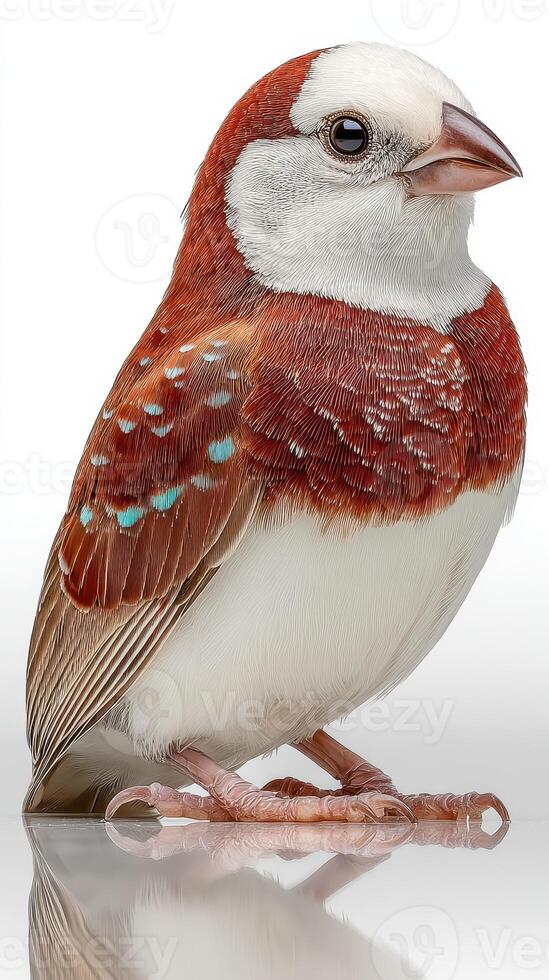 Colorful sparrow perched confidently on a clear surface, showcasing its vibrant plumage details with a bright background photo