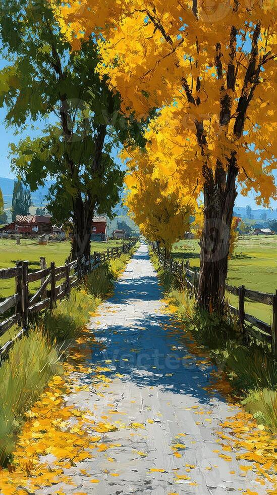 Vibrant autumn path lined with golden trees in a peaceful countryside setting photo