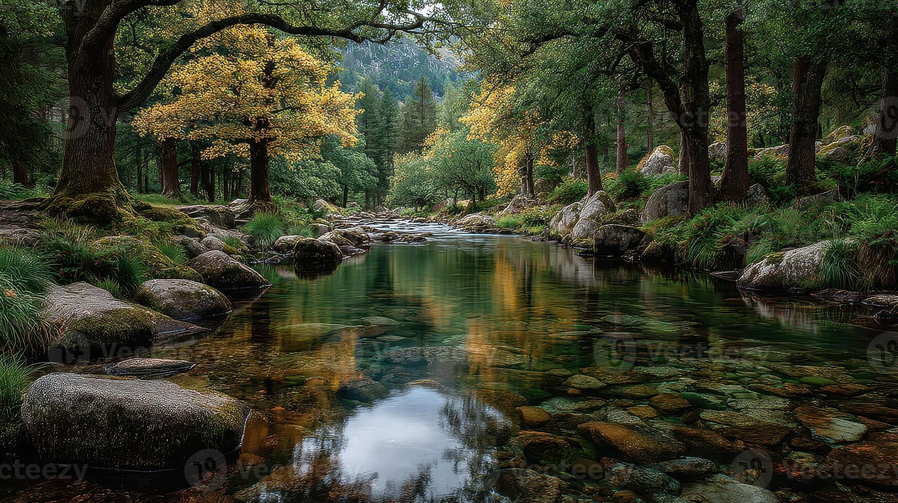 Serenity in a tranquil forest river surrounded by vibrant autumn foliage at sunset photo
