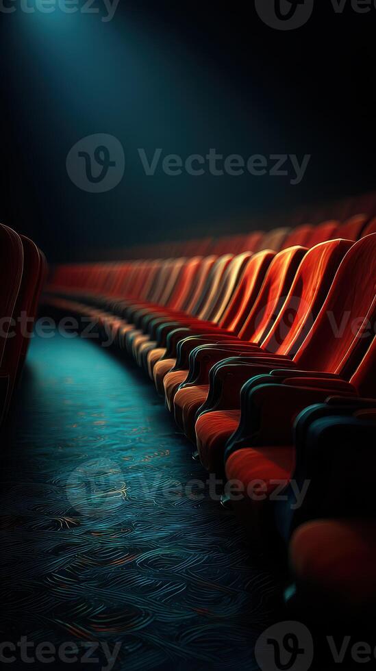 Rows of empty red theater seats illuminated by soft light in a dimly lit auditorium photo