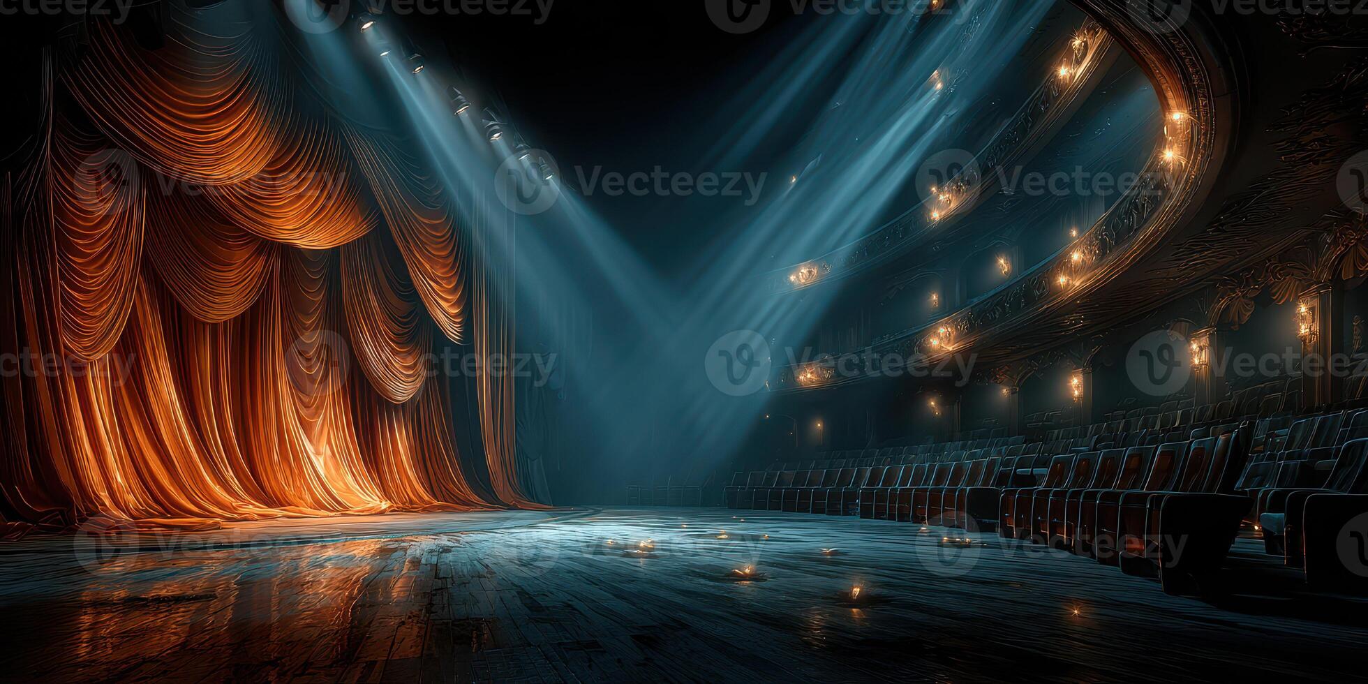 Illuminated theater stage with velvet curtains and dimly lit audience seating during a performance preparation photo